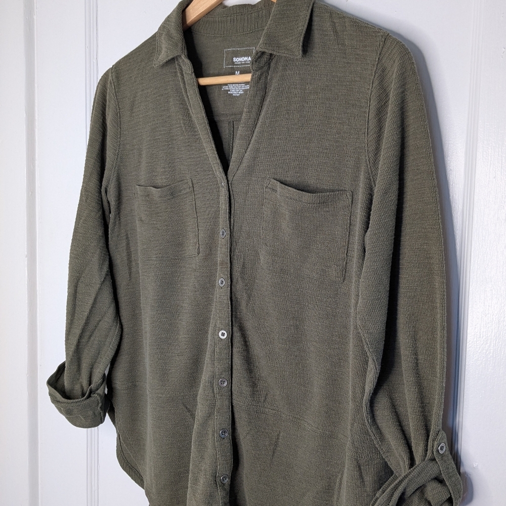 Medium Green 3/4" Length Button Sleeves V-Neck Button Down Casual Sonoma Pockets - Picture 2 of 8